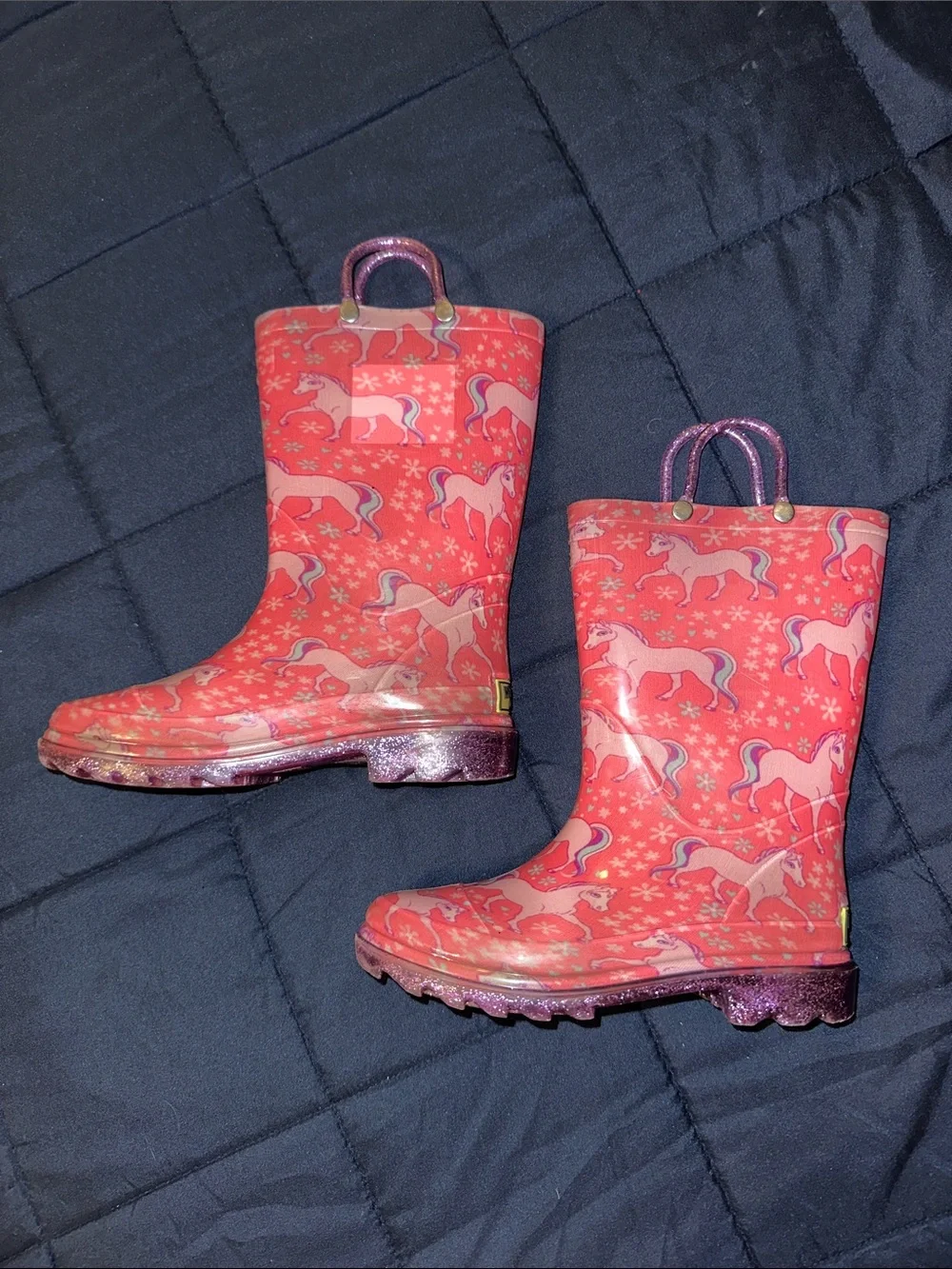 Western Chief Girls' Unicorn Rain Boots w/ Glitter Handles  Working Lights Sz1